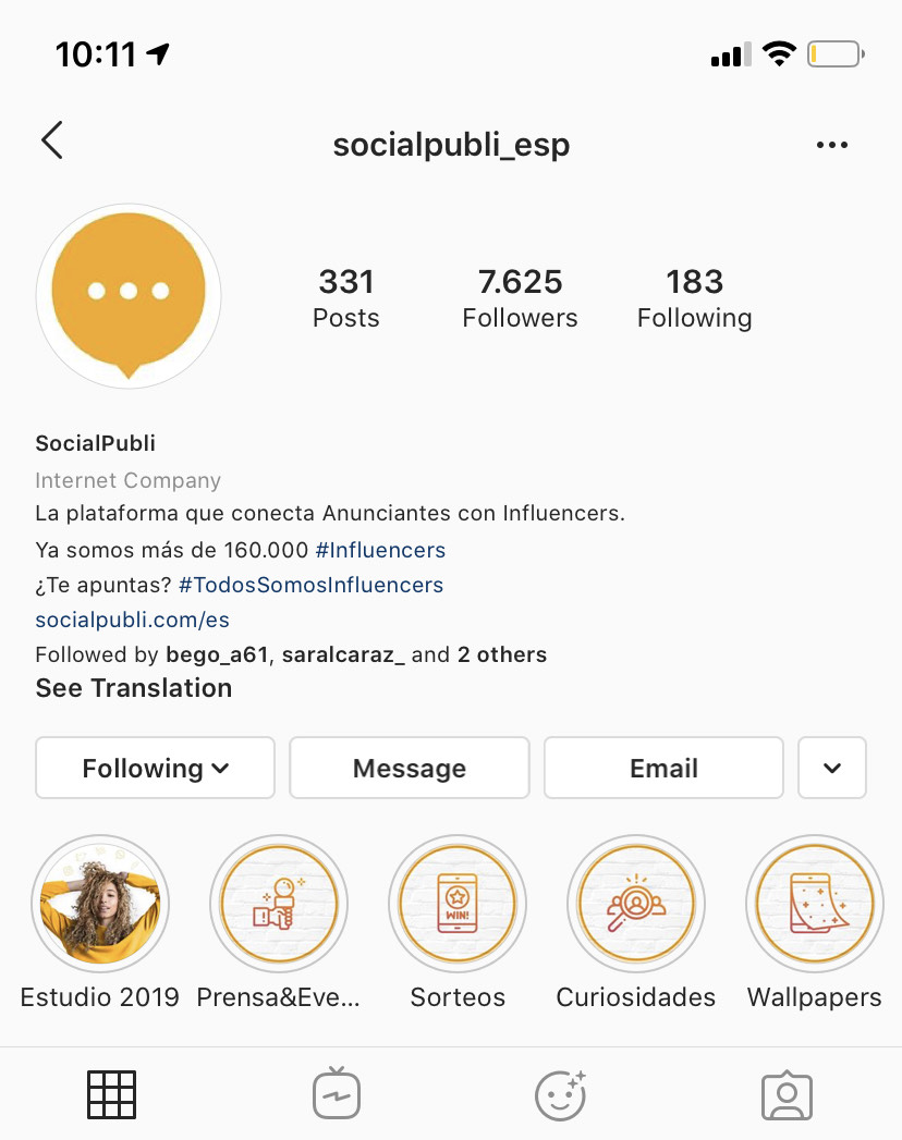 Captura del perfil de Instagram de SocialPubli donde puedes encontrar nuestro filtro.