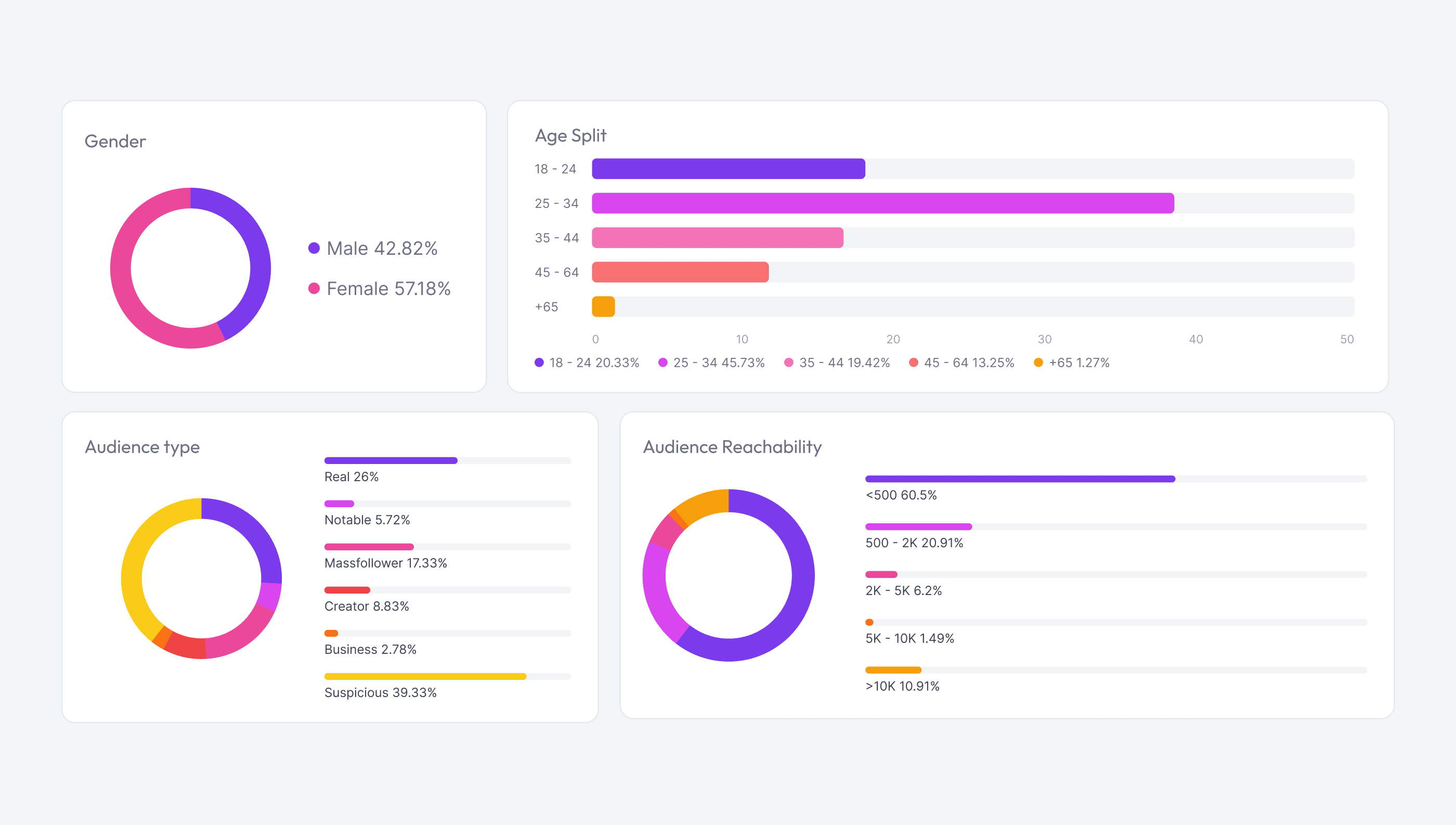 Analyzer audience charts: gender, age ranges, audience type and reachability