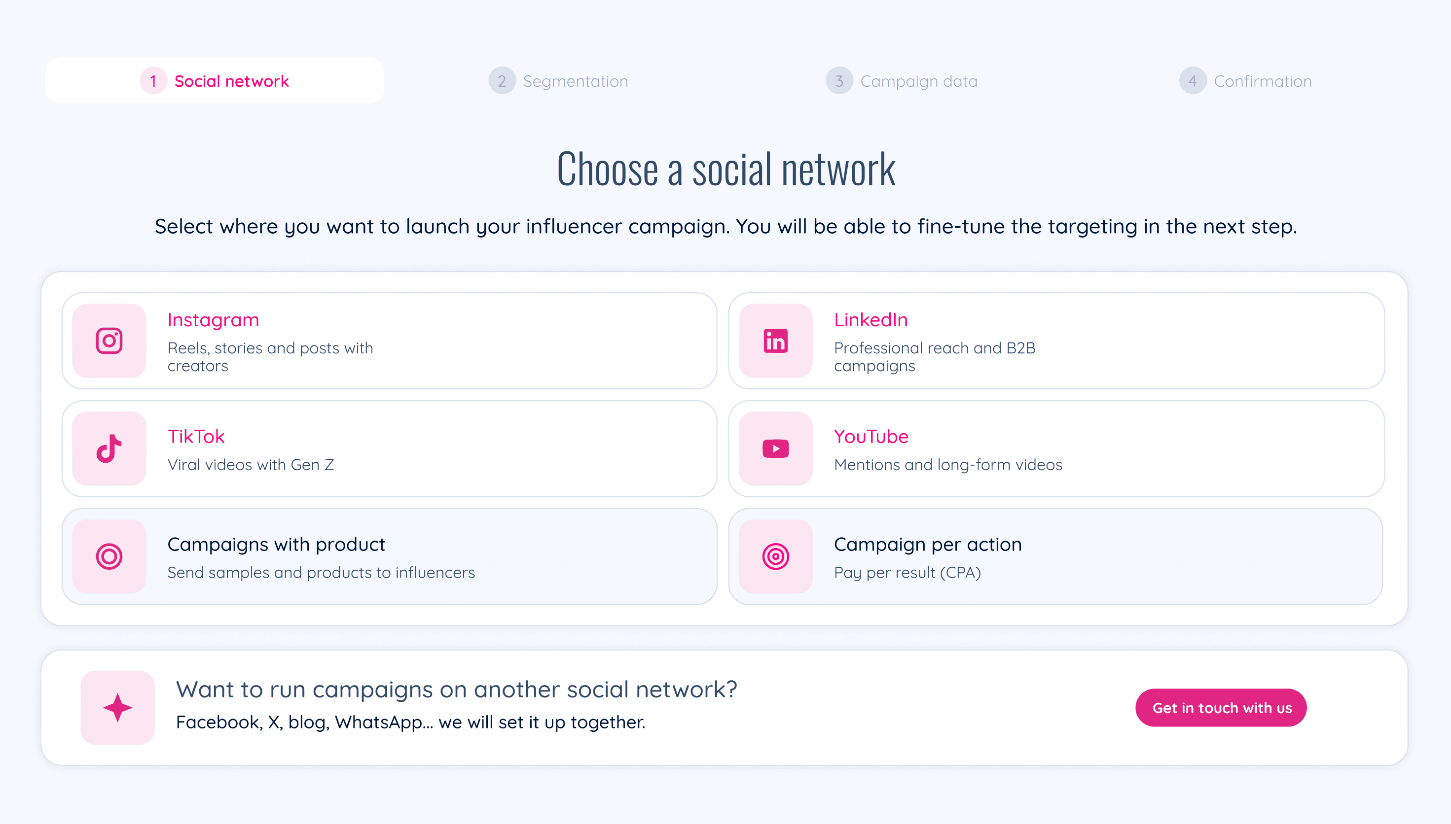 Primo passo del creatore di campagne: scelta del social network, come Instagram, TikTok, LinkedIn o YouTube