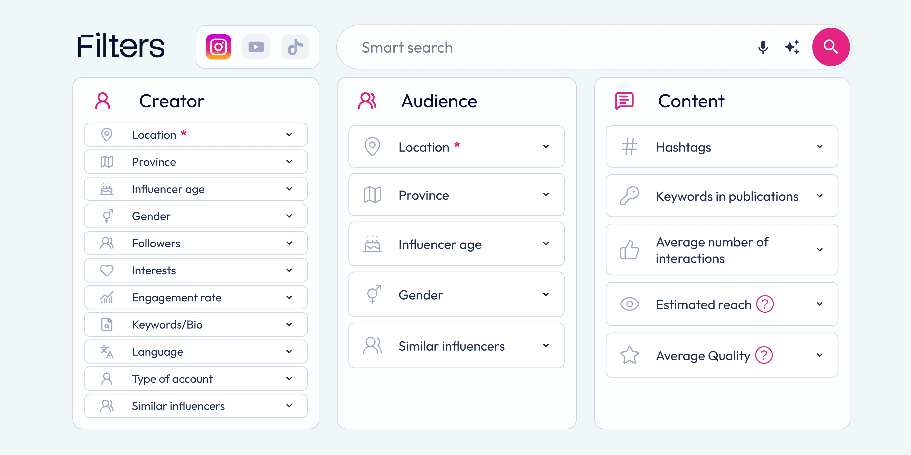 Filtri di ricerca di Discover per creator, pubblico e contenuti su Instagram, YouTube e TikTok