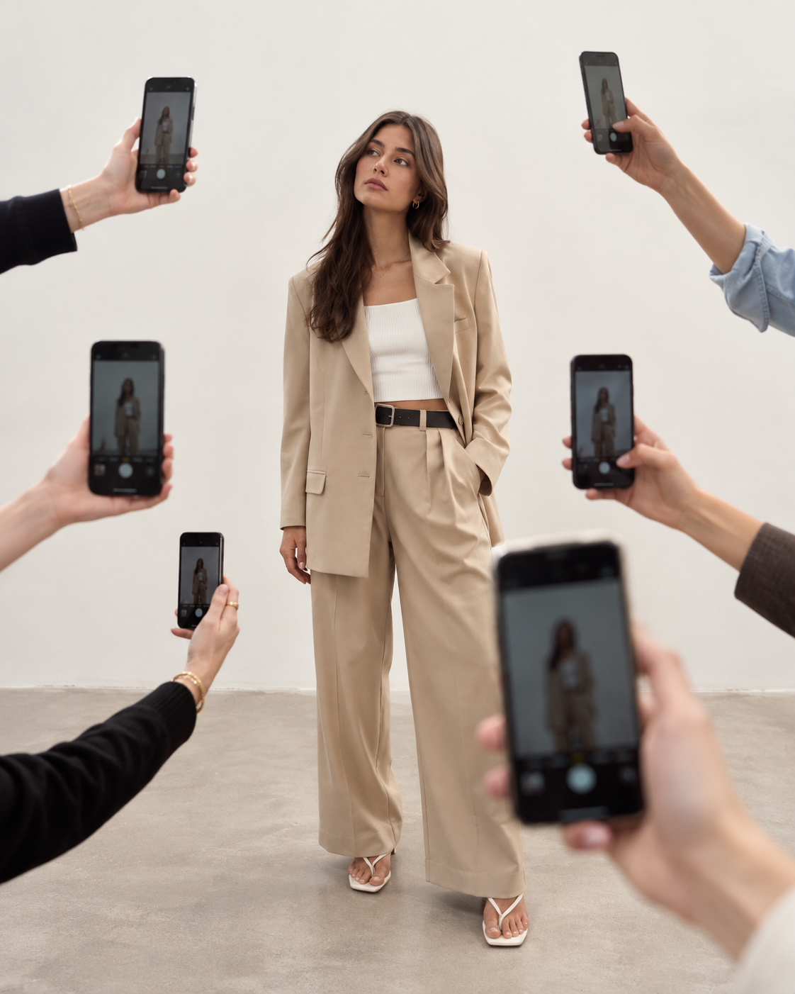 Creator che posa mentre diverse persone la riprendono e la fotografano con lo smartphone